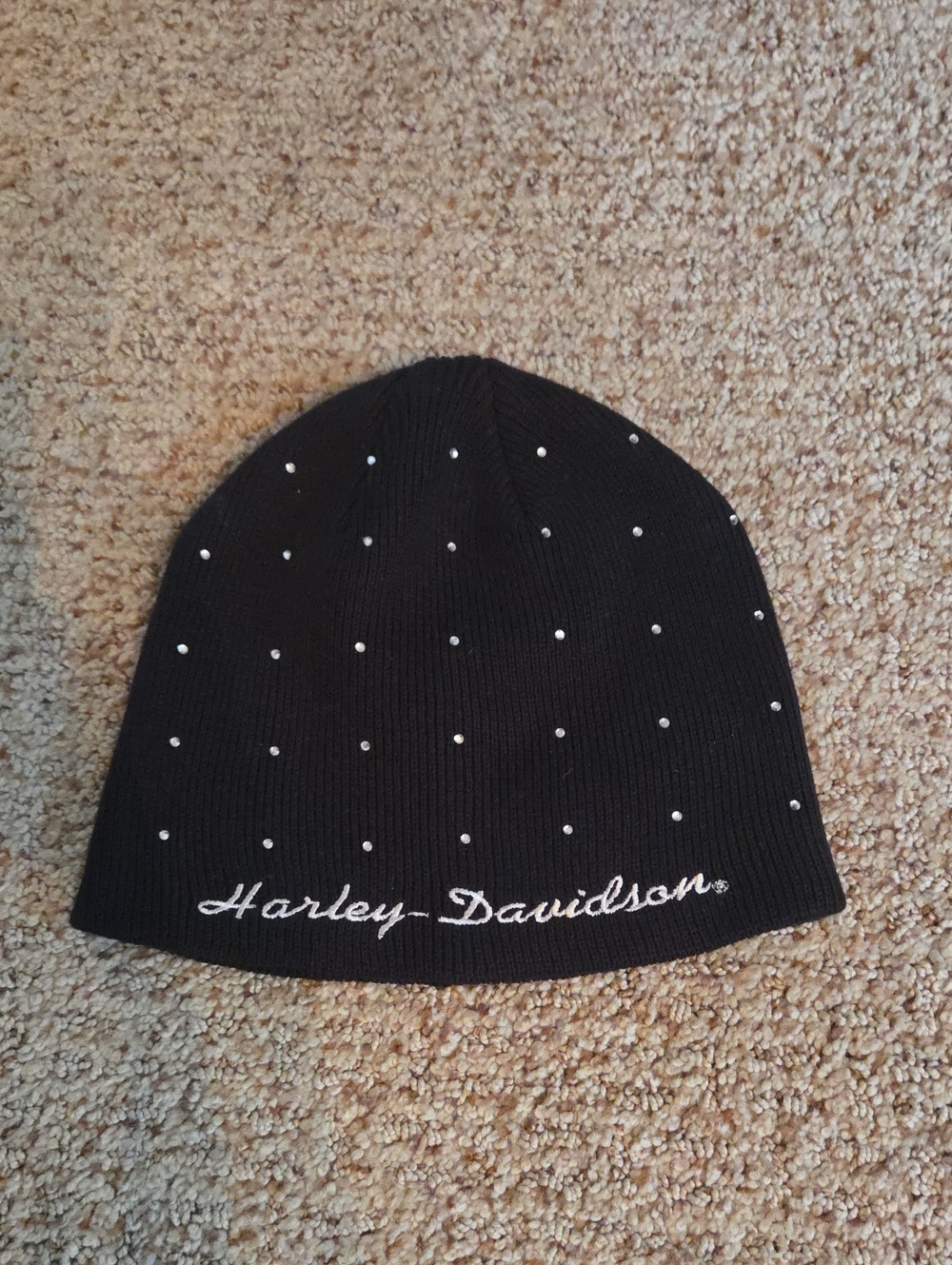 Harley Davidson Rhinestone Embellished Ribbed Knit Black Beanie.